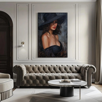 Enchanting Lady in Black Canvas Oil Painting, Framed Print, Elegant Poster Art, Classic Wall Decor, Ready to Hang, Living Room & Bedroom Wall Art – Canvas Print