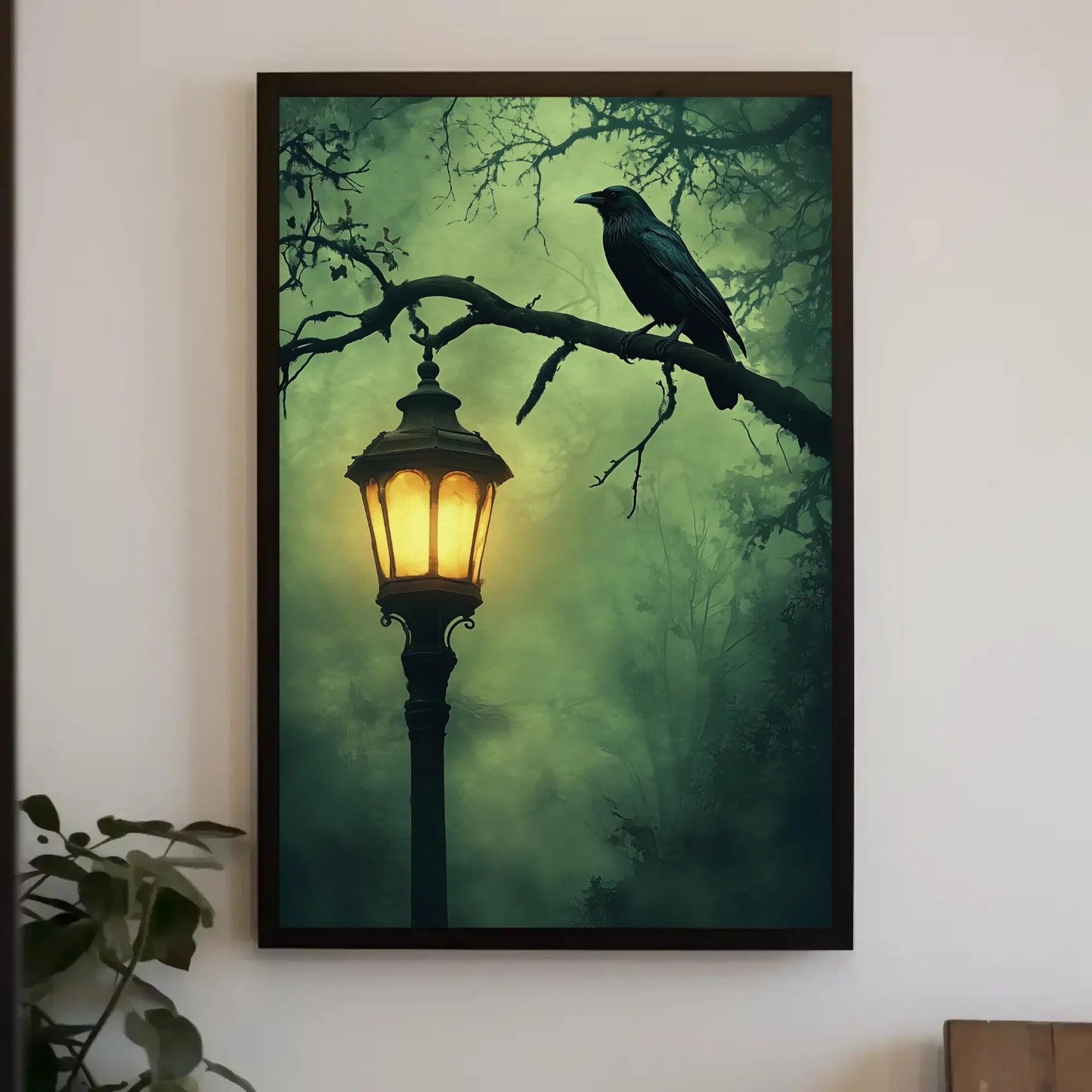 Mysterious gothic raven canvas print, lantern and crow wall art, haunted halloween oil painting for dark aesthetic decor Wall Art – Canvas Print