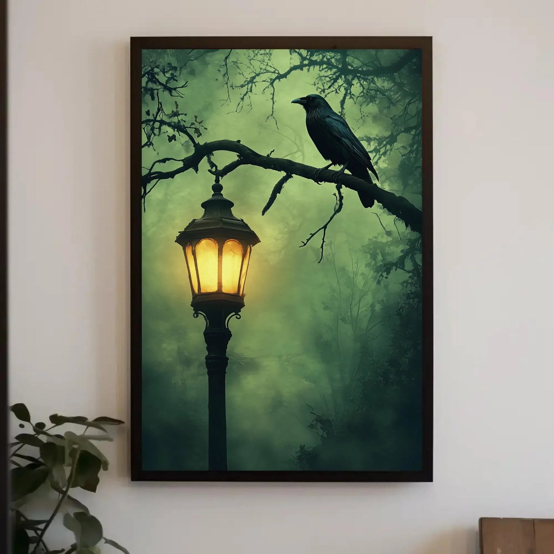 Mysterious gothic raven canvas print, lantern and crow wall art, haunted halloween oil painting for dark aesthetic decor Wall Art – Canvas Print
