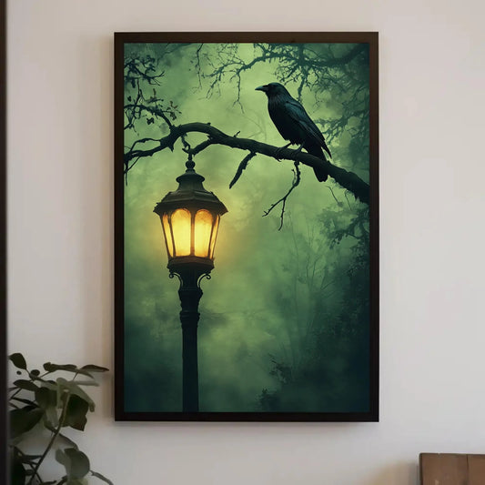 Mysterious gothic raven canvas print, lantern and crow wall art, haunted halloween oil painting for dark aesthetic decor Wall Art – Canvas Print