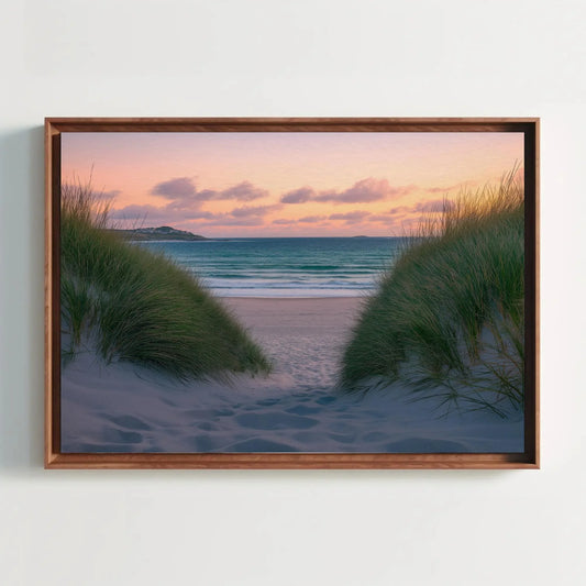 Tranquil beach seascape canvas print, coastal wall art with sand dunes and ocean view, serene nautical decor for living room or bedroom Wall Art – Canvas Print