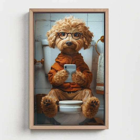 Goldendoodle dog on the toilet using phone funny bathroom wall art toilet humor print funny animal wall art dog lover canvas print gift Wall Art – Canvas Print