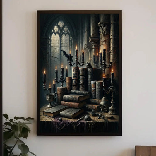 Books Gothic Library Canvas Print | Framed Wall Art | Dark Academia Painting | Scholarly Wall Art | Study Room Decor | Ready To Hang Wall Art – Canvas Print