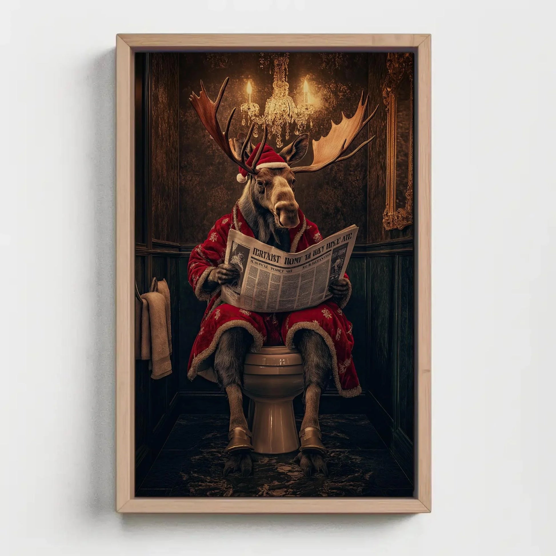Christmas Moose Reading Newspaper Canvas Print, Funny Toilet Humor Art, Moose in Santa Robe, Whimsical Bathroom Decor, Ready to Hang Wall Art – Canvas Print