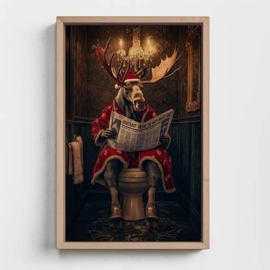 Christmas Moose Reading Newspaper Canvas Print, Funny Toilet Humor Art, Moose in Santa Robe, Whimsical Bathroom Decor, Ready to Hang Wall Art – Canvas Print