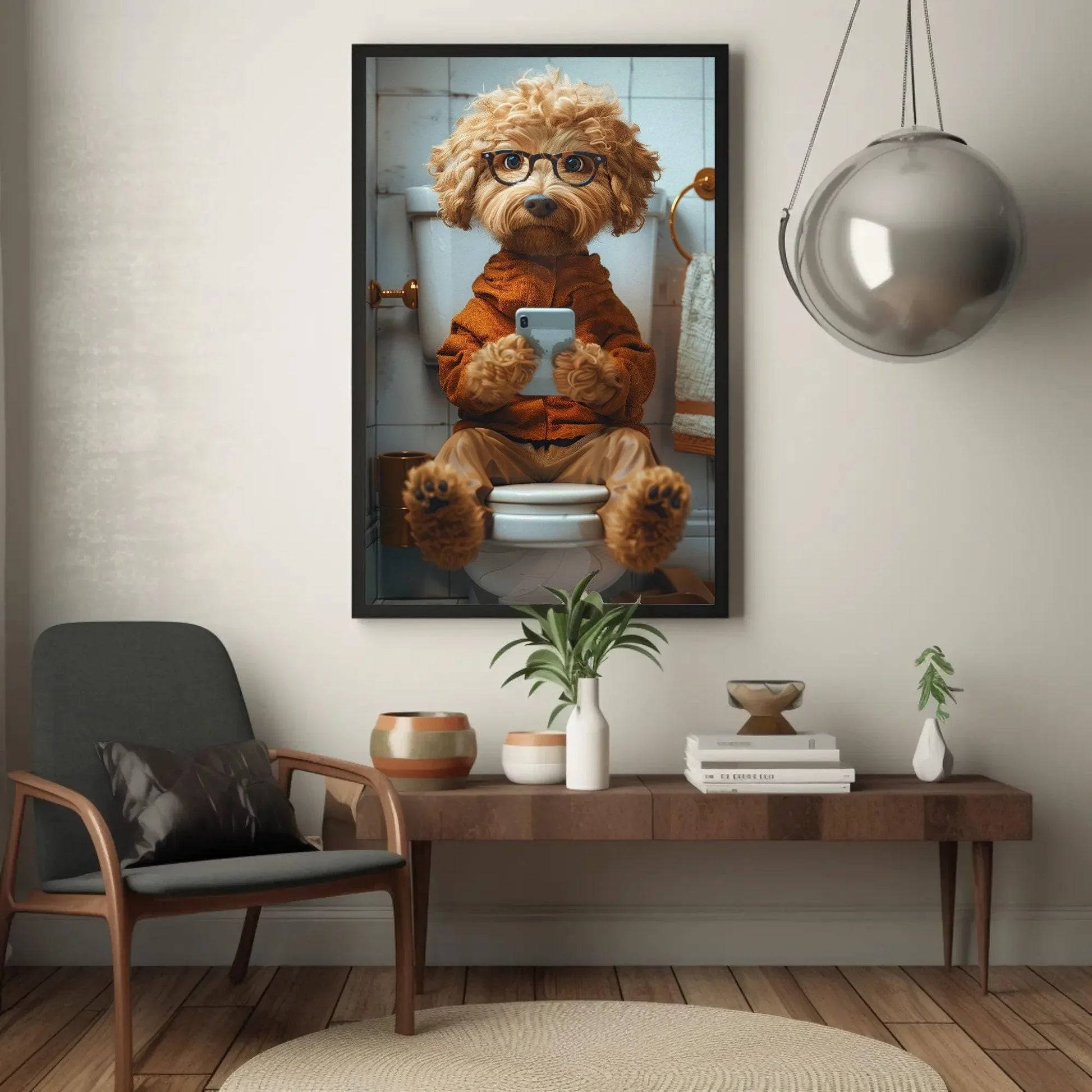 Goldendoodle dog on the toilet using phone funny bathroom wall art toilet humor print funny animal wall art dog lover canvas print gift Wall Art – Canvas Print
