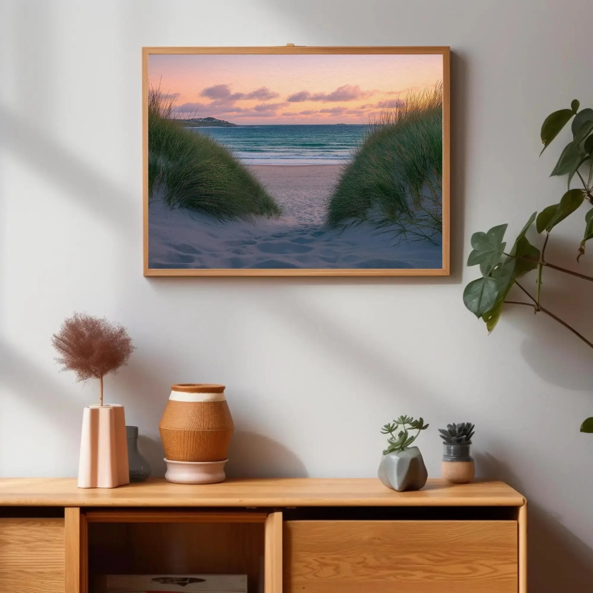 Tranquil beach seascape canvas print, coastal wall art with sand dunes and ocean view, serene nautical decor for living room or bedroom Wall Art – Canvas Print