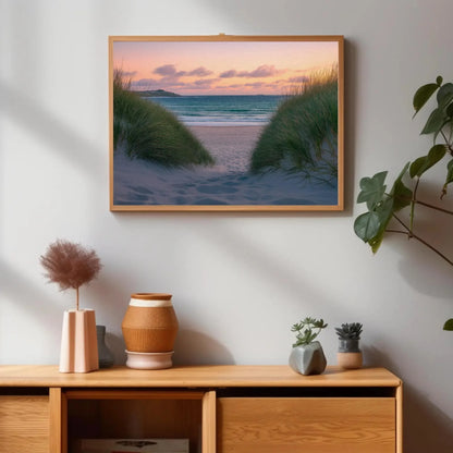Tranquil beach seascape canvas print, coastal wall art with sand dunes and ocean view, serene nautical decor for living room or bedroom Wall Art – Canvas Print