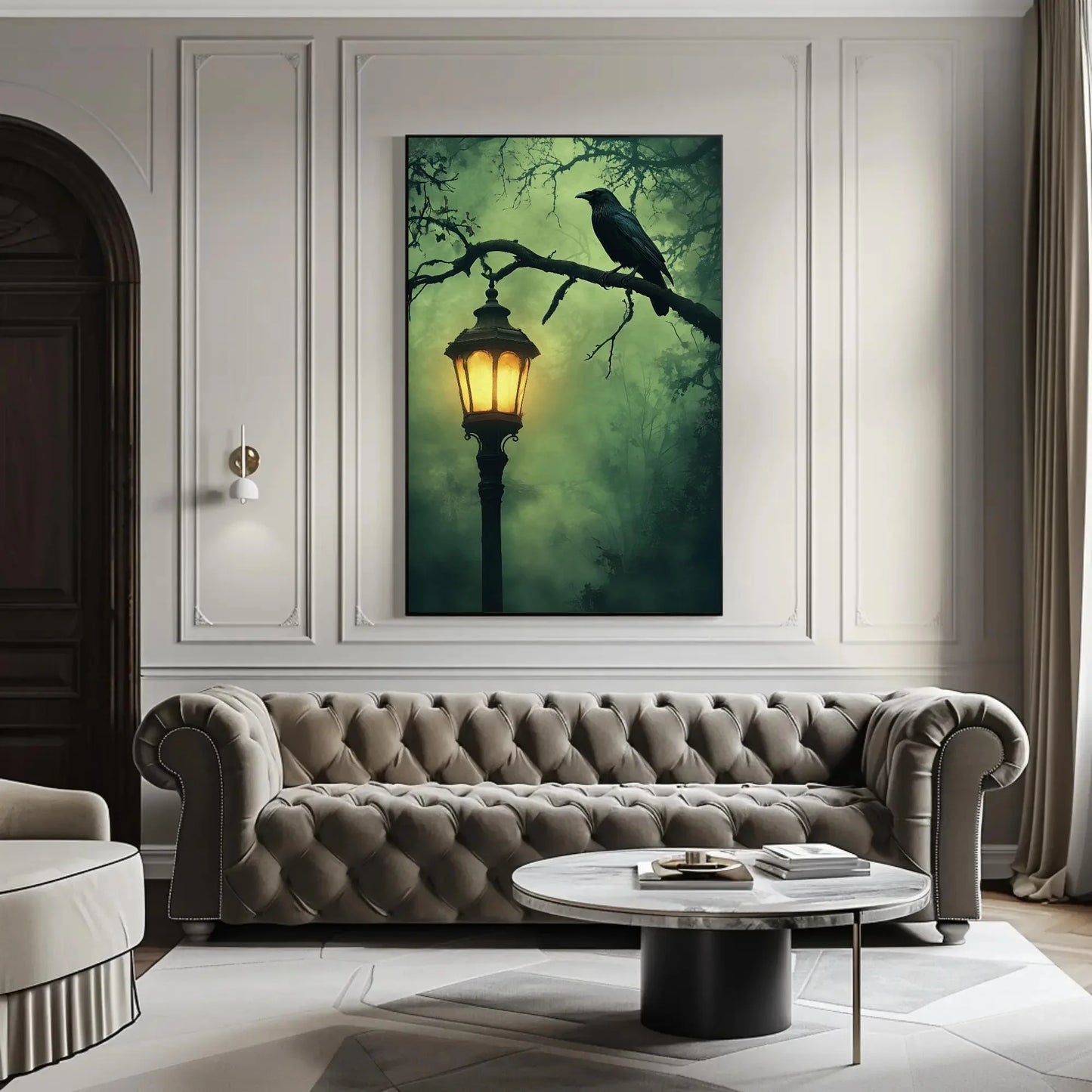 Mysterious gothic raven canvas print, lantern and crow wall art, haunted halloween oil painting for dark aesthetic decor Wall Art – Canvas Print