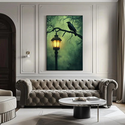 Mysterious gothic raven canvas print, lantern and crow wall art, haunted halloween oil painting for dark aesthetic decor Wall Art – Canvas Print