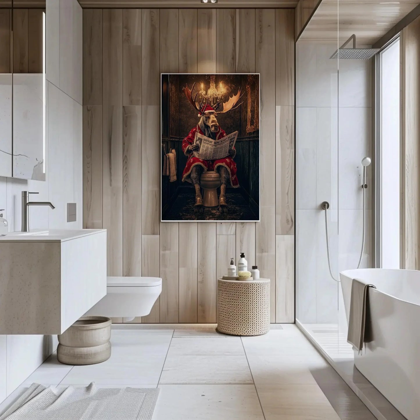 Christmas Moose Reading Newspaper Canvas Print, Funny Toilet Humor Art, Moose in Santa Robe, Whimsical Bathroom Decor, Ready to Hang Wall Art – Canvas Print