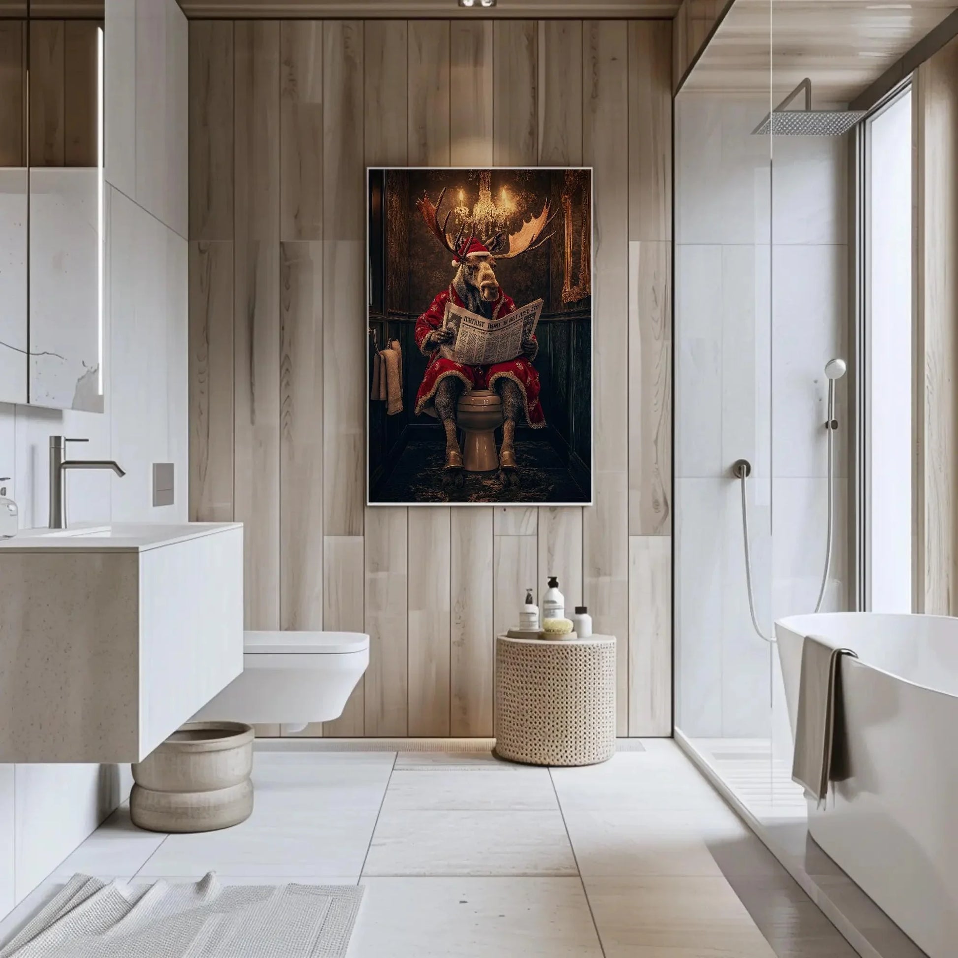 Christmas Moose Reading Newspaper Canvas Print, Funny Toilet Humor Art, Moose in Santa Robe, Whimsical Bathroom Decor, Ready to Hang Wall Art – Canvas Print