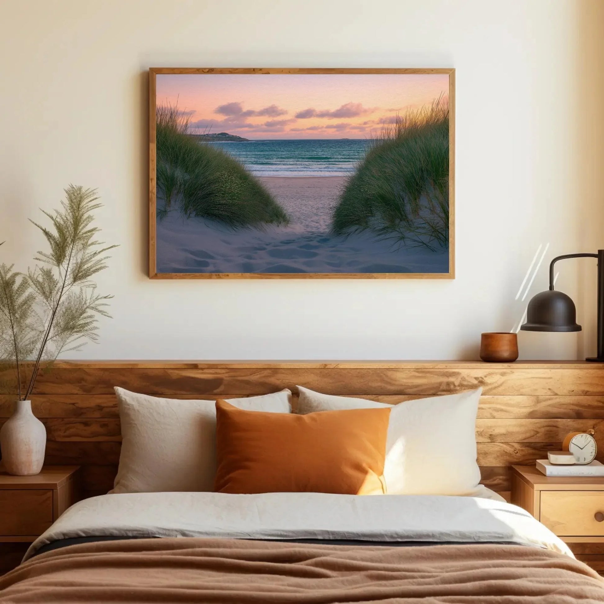 Tranquil beach seascape canvas print, coastal wall art with sand dunes and ocean view, serene nautical decor for living room or bedroom Wall Art – Canvas Print
