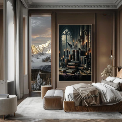 Books Gothic Library Canvas Print | Framed Wall Art | Dark Academia Painting | Scholarly Wall Art | Study Room Decor | Ready To Hang Wall Art – Canvas Print