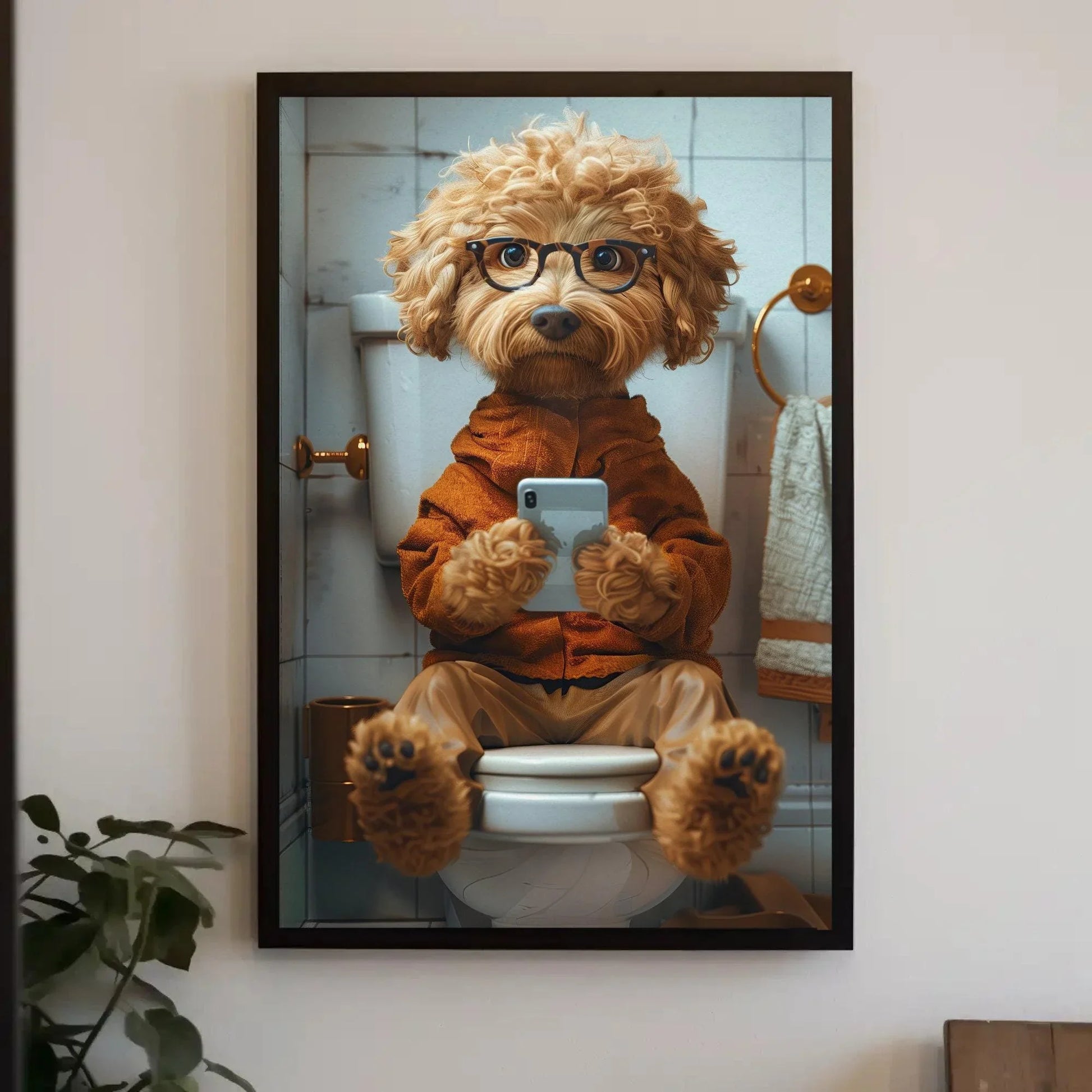 Goldendoodle dog on the toilet using phone funny bathroom wall art toilet humor print funny animal wall art dog lover canvas print gift Wall Art – Canvas Print