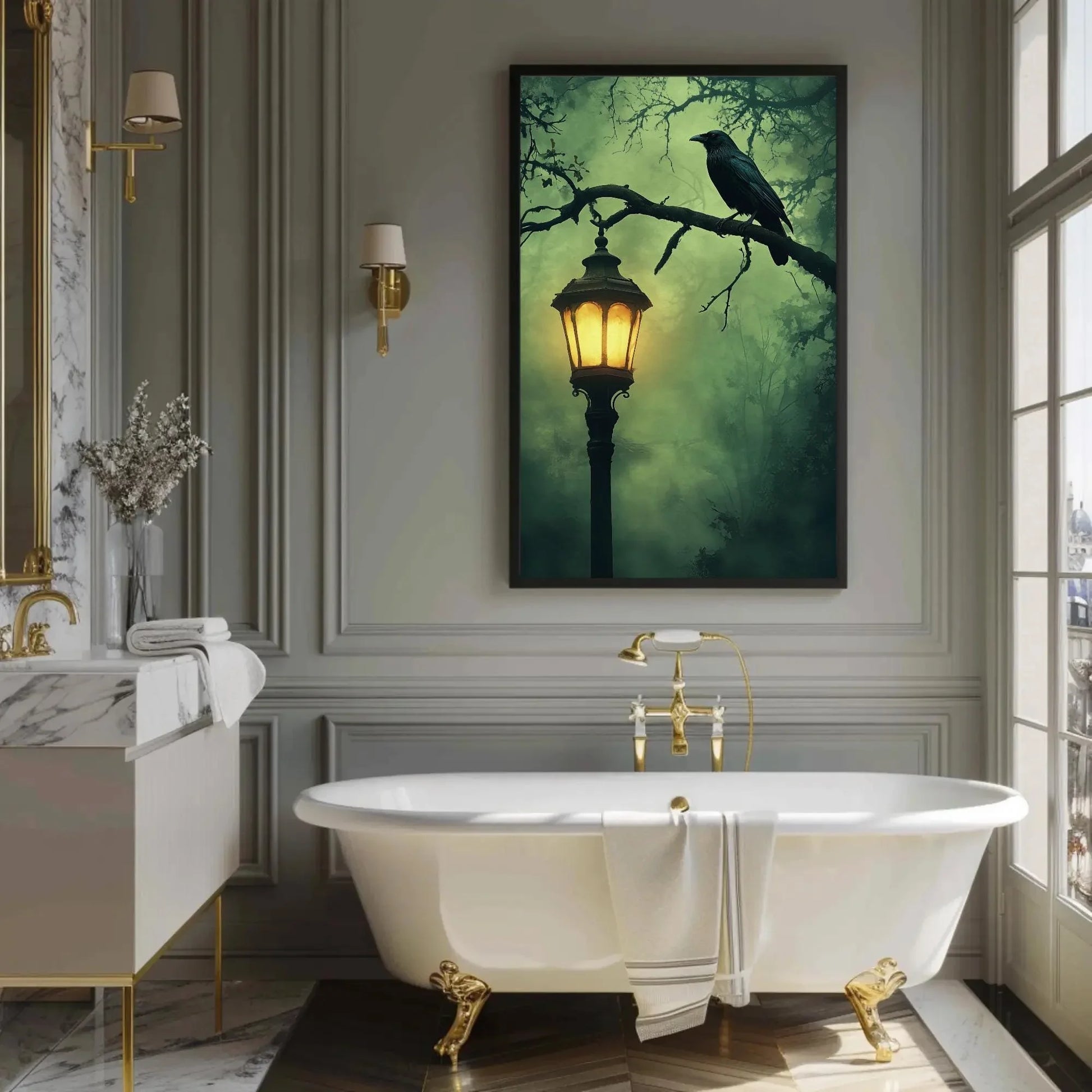 Mysterious gothic raven canvas print, lantern and crow wall art, haunted halloween oil painting for dark aesthetic decor Wall Art – Canvas Print