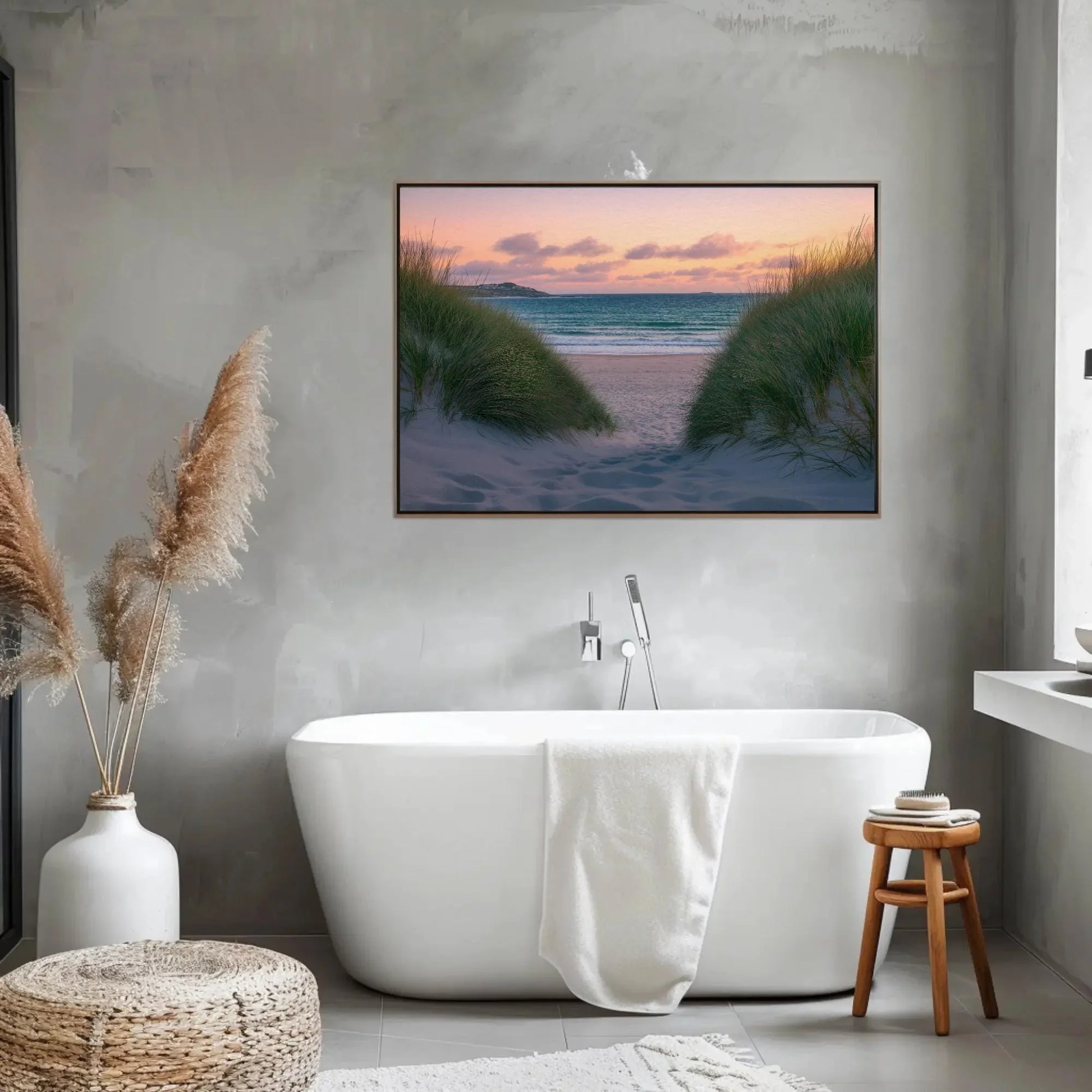 Tranquil beach seascape canvas print, coastal wall art with sand dunes and ocean view, serene nautical decor for living room or bedroom Wall Art – Canvas Print