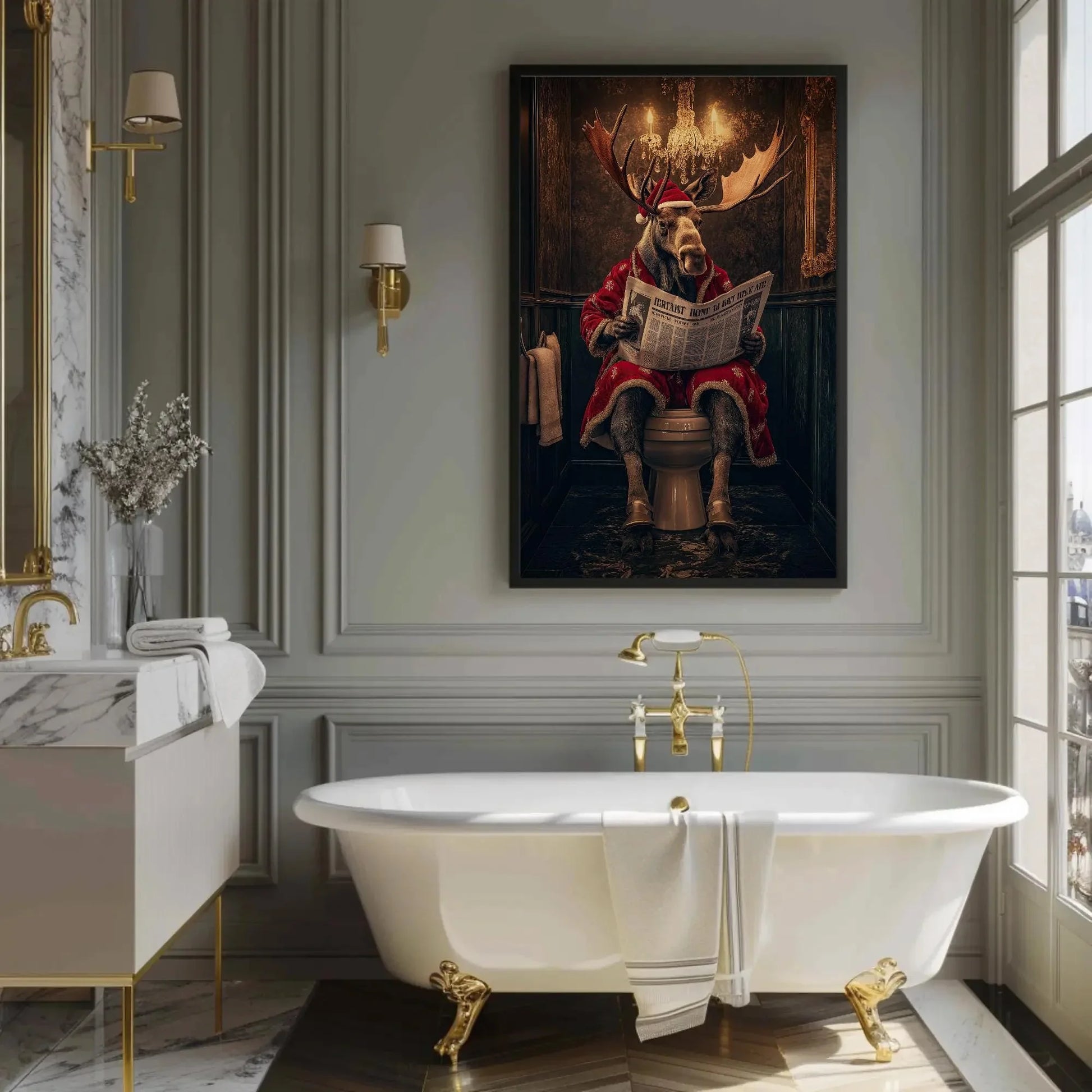 Christmas Moose Reading Newspaper Canvas Print, Funny Toilet Humor Art, Moose in Santa Robe, Whimsical Bathroom Decor, Ready to Hang Wall Art – Canvas Print
