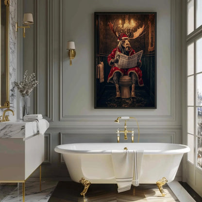 Christmas Moose Reading Newspaper Canvas Print, Funny Toilet Humor Art, Moose in Santa Robe, Whimsical Bathroom Decor, Ready to Hang Wall Art – Canvas Print