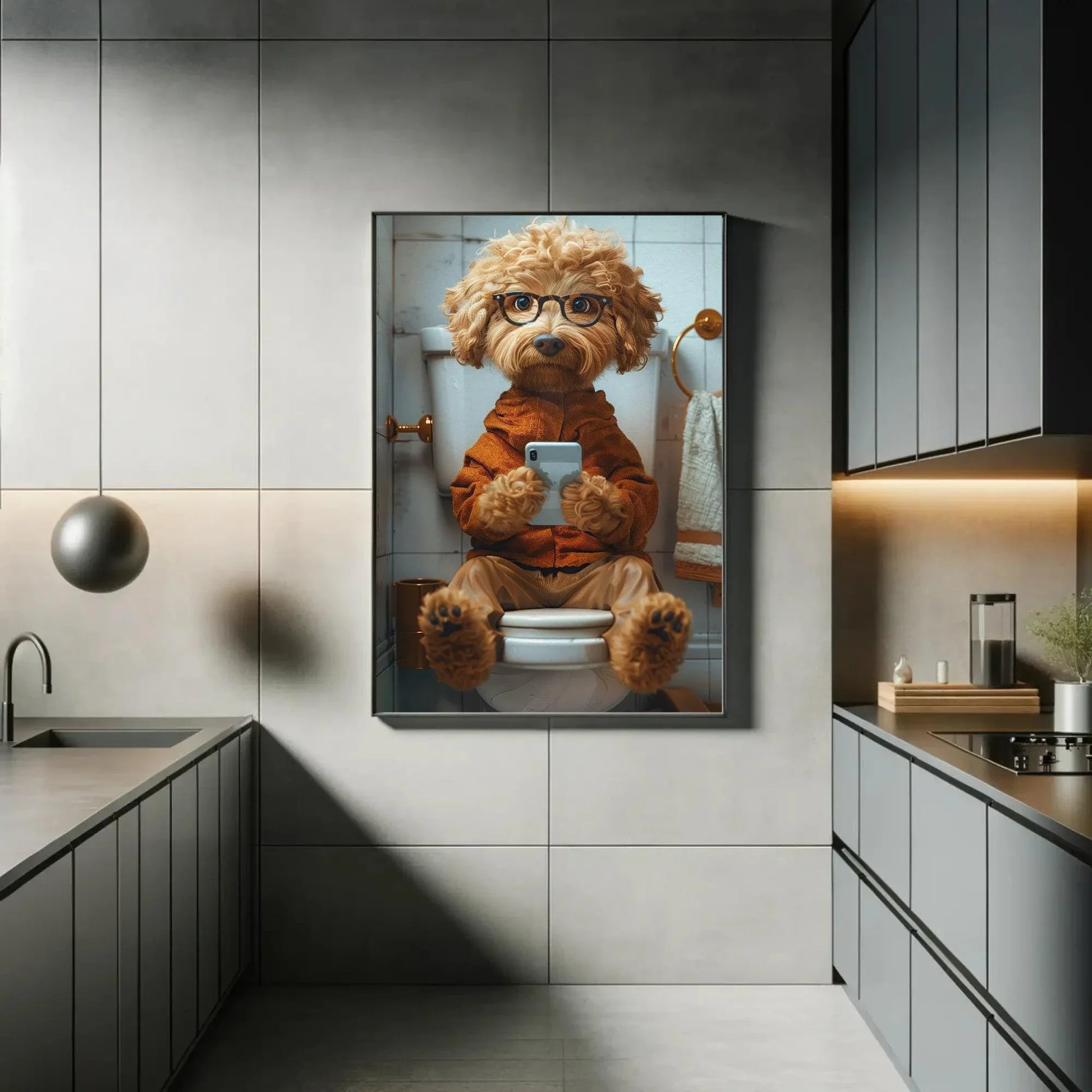 Goldendoodle dog on the toilet using phone funny bathroom wall art toilet humor print funny animal wall art dog lover canvas print gift Wall Art – Canvas Print