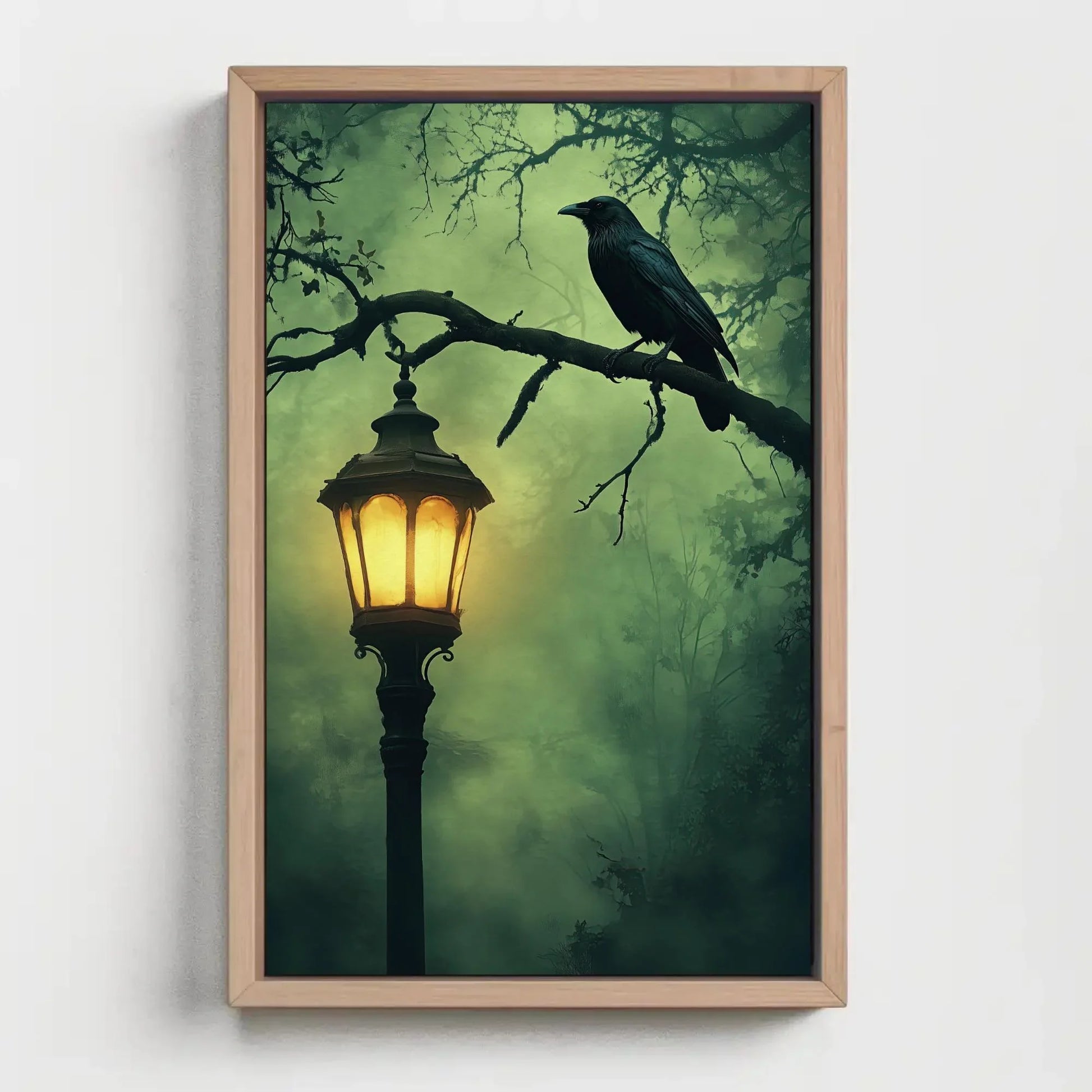 Mysterious gothic raven canvas print, lantern and crow wall art, haunted halloween oil painting for dark aesthetic decor Wall Art – Canvas Print