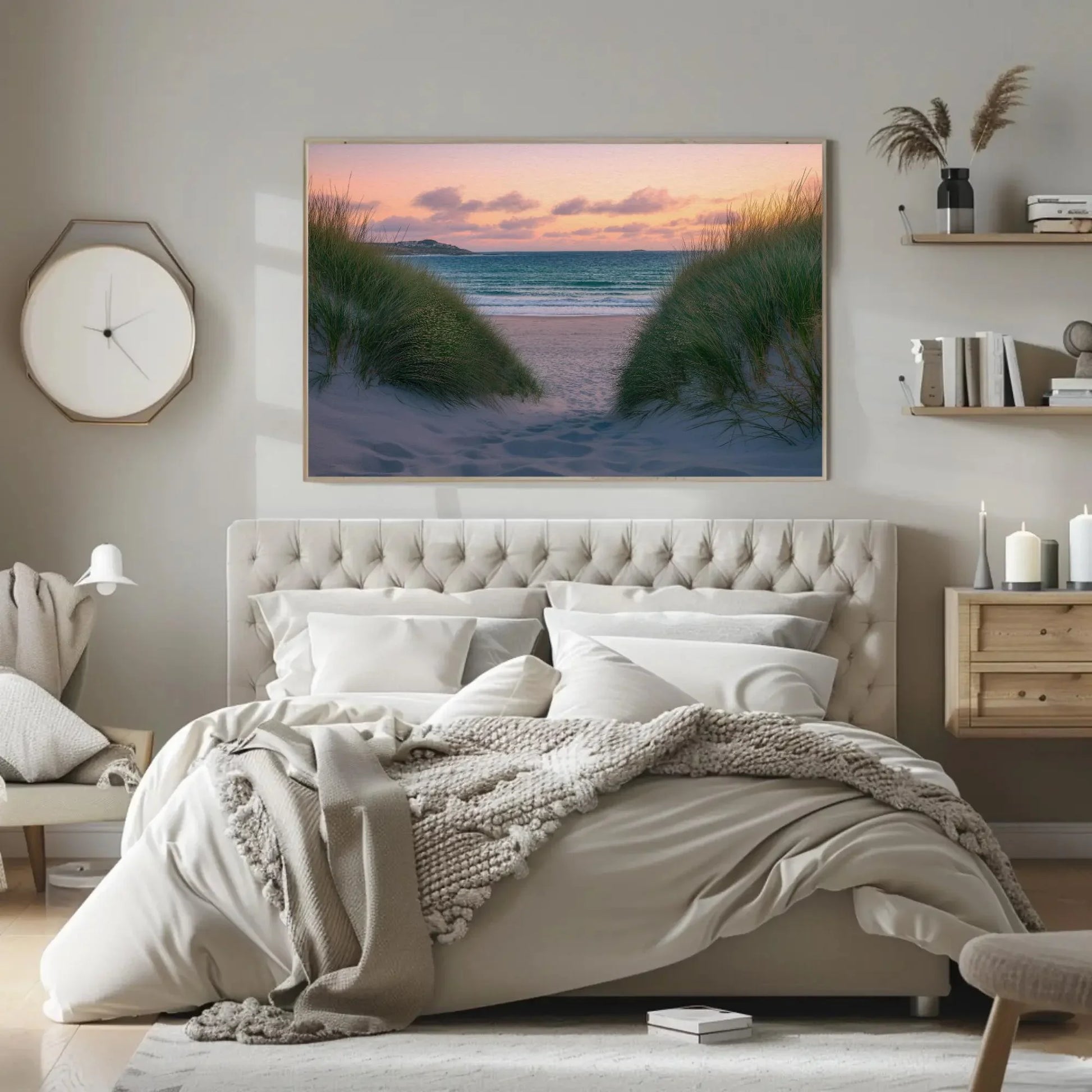 Tranquil beach seascape canvas print, coastal wall art with sand dunes and ocean view, serene nautical decor for living room or bedroom Wall Art – Canvas Print