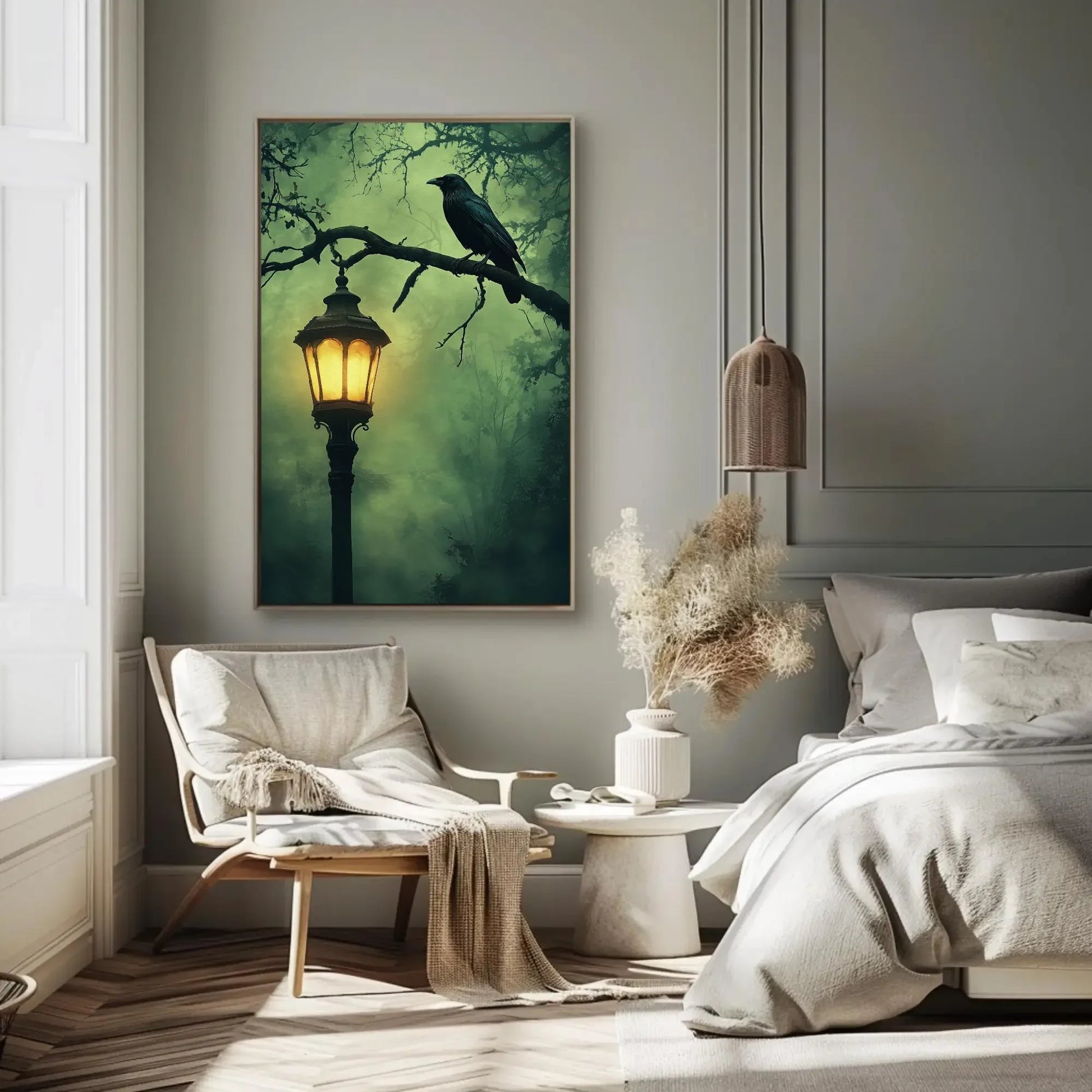 Mysterious gothic raven canvas print, lantern and crow wall art, haunted halloween oil painting for dark aesthetic decor Wall Art – Canvas Print
