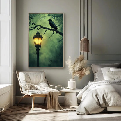 Mysterious gothic raven canvas print, lantern and crow wall art, haunted halloween oil painting for dark aesthetic decor Wall Art – Canvas Print