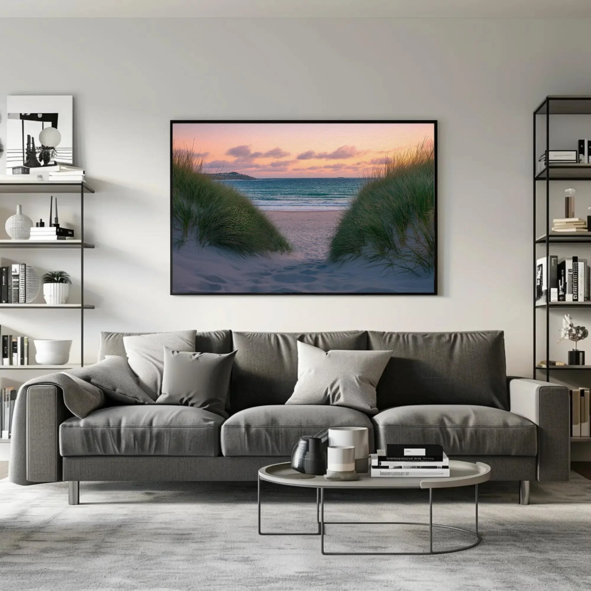 Tranquil beach seascape canvas print, coastal wall art with sand dunes and ocean view, serene nautical decor for living room or bedroom Wall Art – Canvas Print