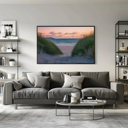Tranquil beach seascape canvas print, coastal wall art with sand dunes and ocean view, serene nautical decor for living room or bedroom Wall Art – Canvas Print