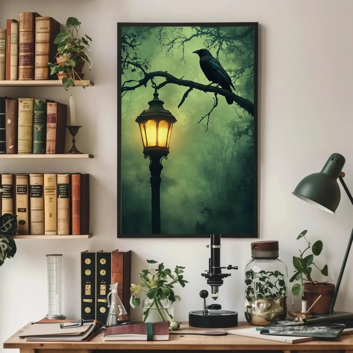 Mysterious gothic raven canvas print, lantern and crow wall art, haunted halloween oil painting for dark aesthetic decor Wall Art – Canvas Print