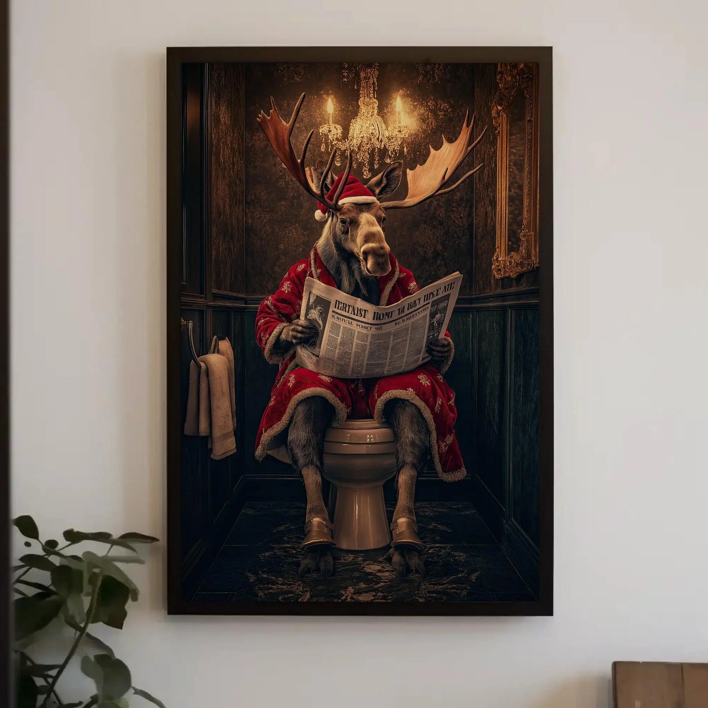 Christmas Moose Reading Newspaper Canvas Print, Funny Toilet Humor Art, Moose in Santa Robe, Whimsical Bathroom Decor, Ready to Hang Wall Art – Canvas Print