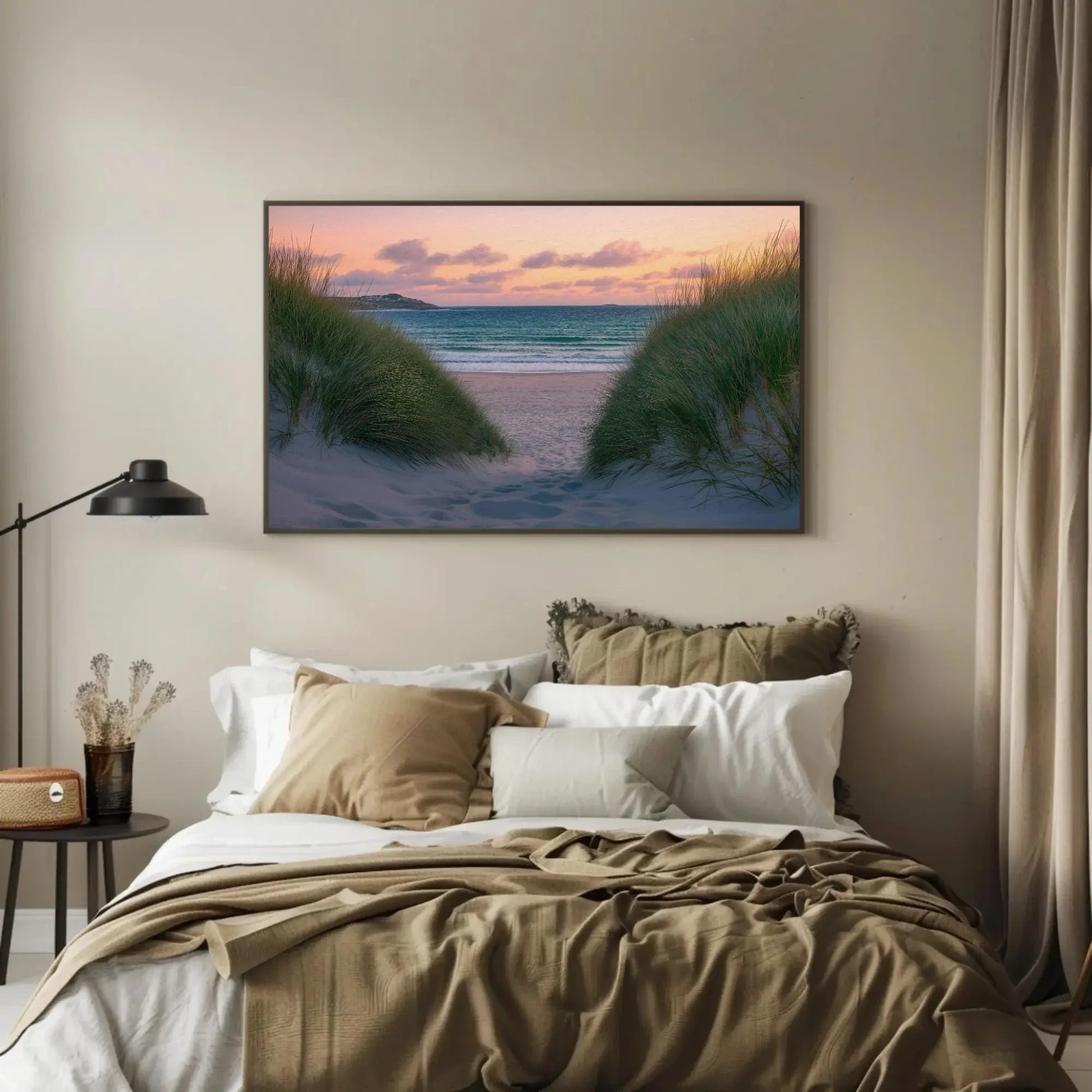 Tranquil beach seascape canvas print, coastal wall art with sand dunes and ocean view, serene nautical decor for living room or bedroom Wall Art – Canvas Print