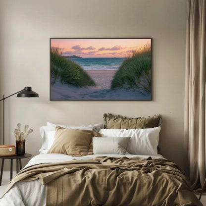 Tranquil beach seascape canvas print, coastal wall art with sand dunes and ocean view, serene nautical decor for living room or bedroom Wall Art – Canvas Print