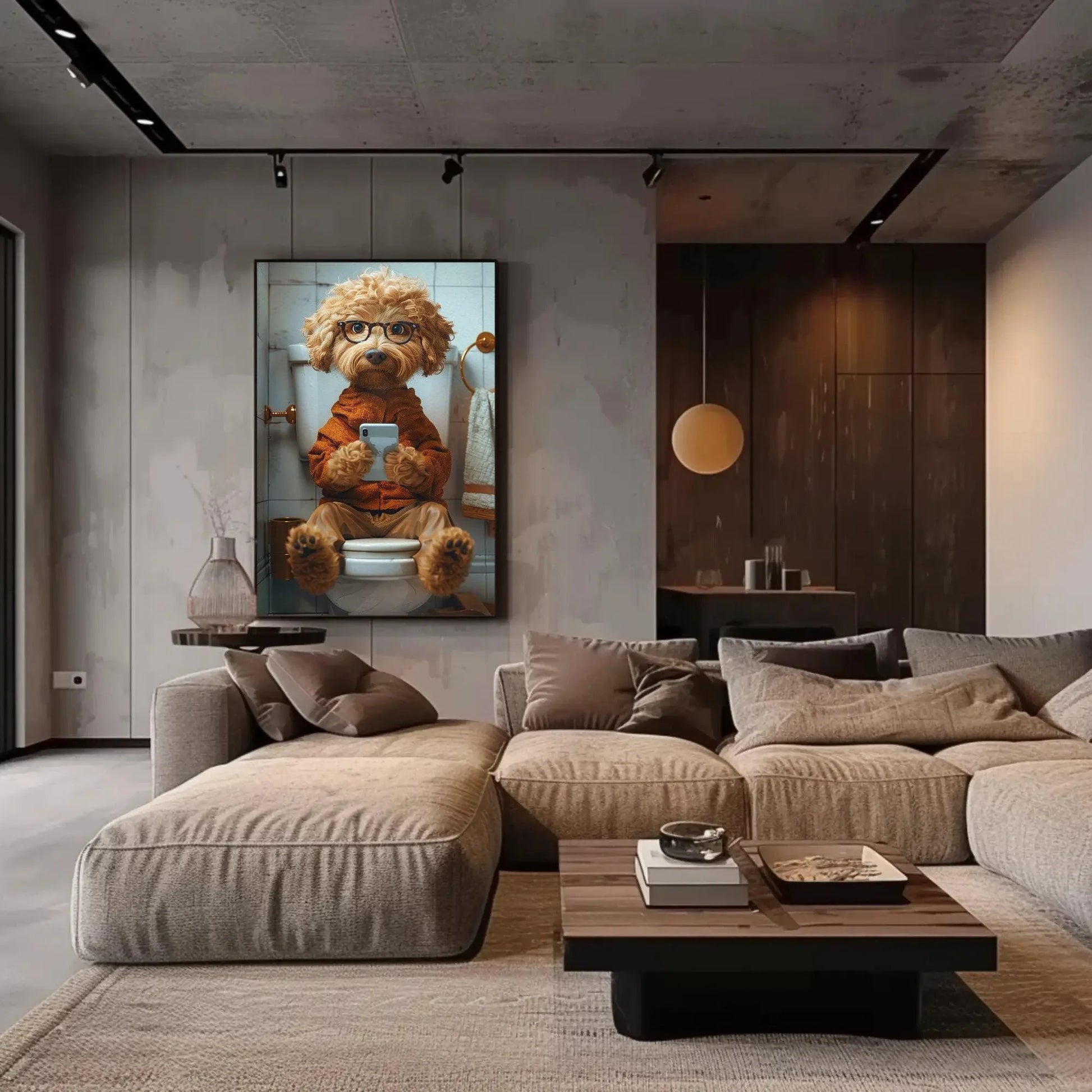 Goldendoodle dog on the toilet using phone funny bathroom wall art toilet humor print funny animal wall art dog lover canvas print gift Wall Art – Canvas Print