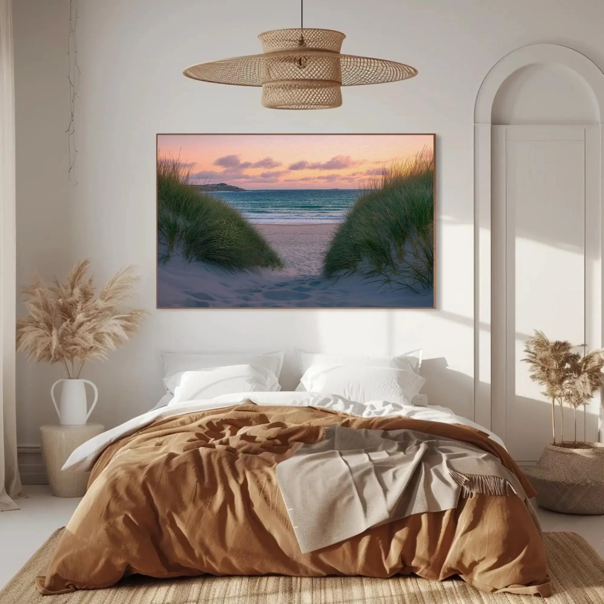 Tranquil beach seascape canvas print, coastal wall art with sand dunes and ocean view, serene nautical decor for living room or bedroom Wall Art – Canvas Print