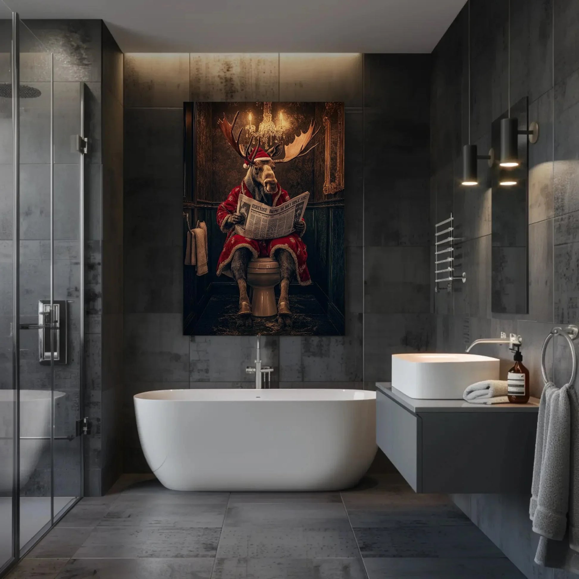 Christmas Moose Reading Newspaper Canvas Print, Funny Toilet Humor Art, Moose in Santa Robe, Whimsical Bathroom Decor, Ready to Hang Wall Art – Canvas Print