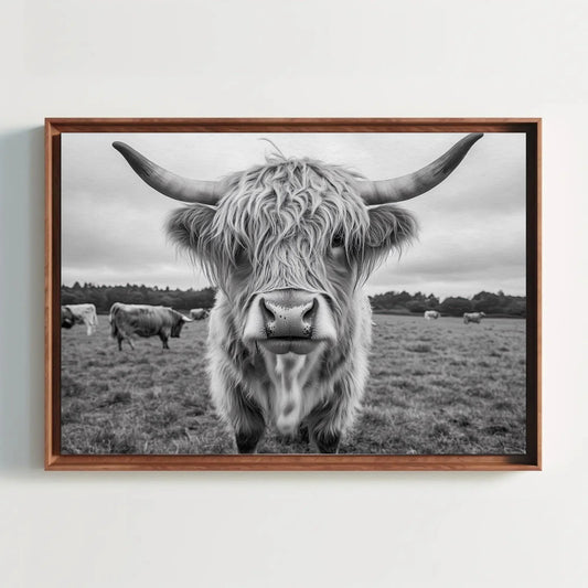 Highland cow canvas print, rustic farmhouse wall art, vintage highland cattle photography for living room or bedroom Wall Art – Canvas Print
