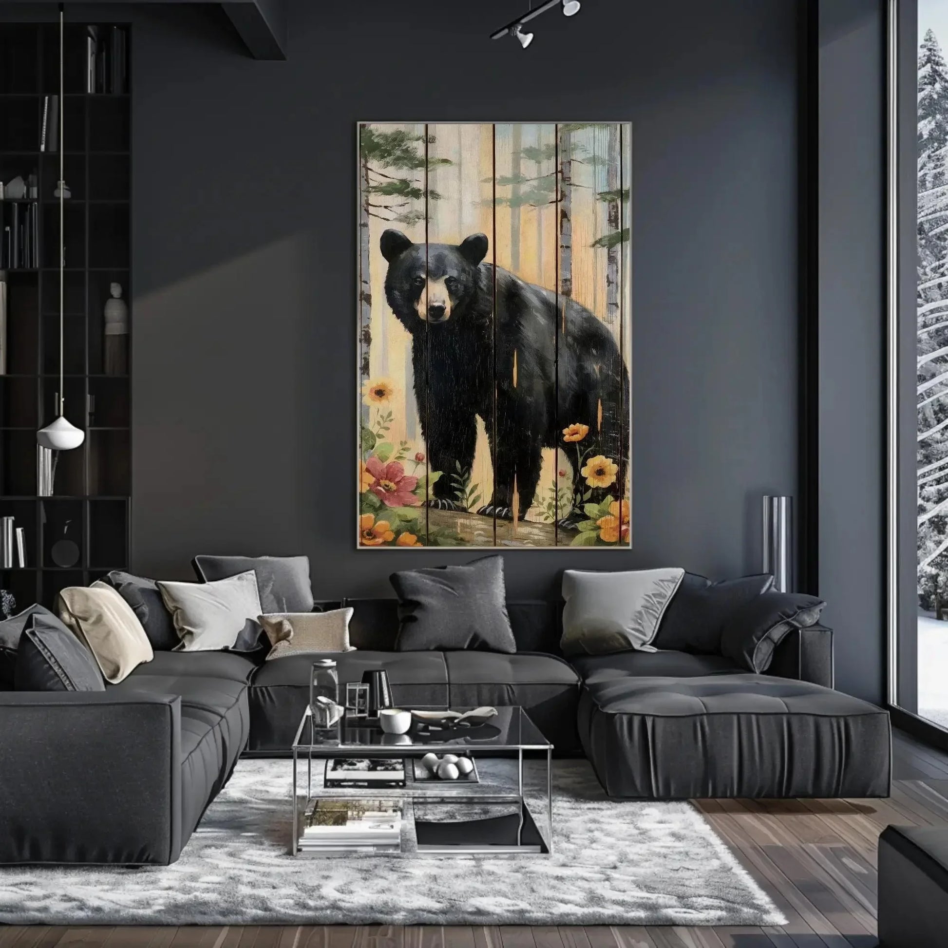 Black Bear in the Forest Canvas | Rustic Wood Effect | Bear Framed Wildlife Wall Art for Cabin, Living Room, Farmhouse, Ready to Hang Wall Art – Canvas Print