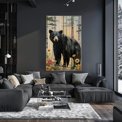 Black Bear in the Forest Canvas | Rustic Wood Effect | Bear Framed Wildlife Wall Art for Cabin, Living Room, Farmhouse, Ready to Hang Wall Art – Canvas Print
