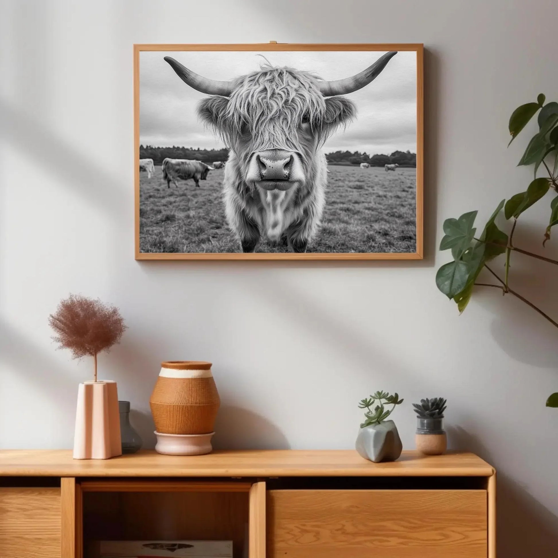 Highland cow canvas print, rustic farmhouse wall art, vintage highland cattle photography for living room or bedroom Wall Art – Canvas Print