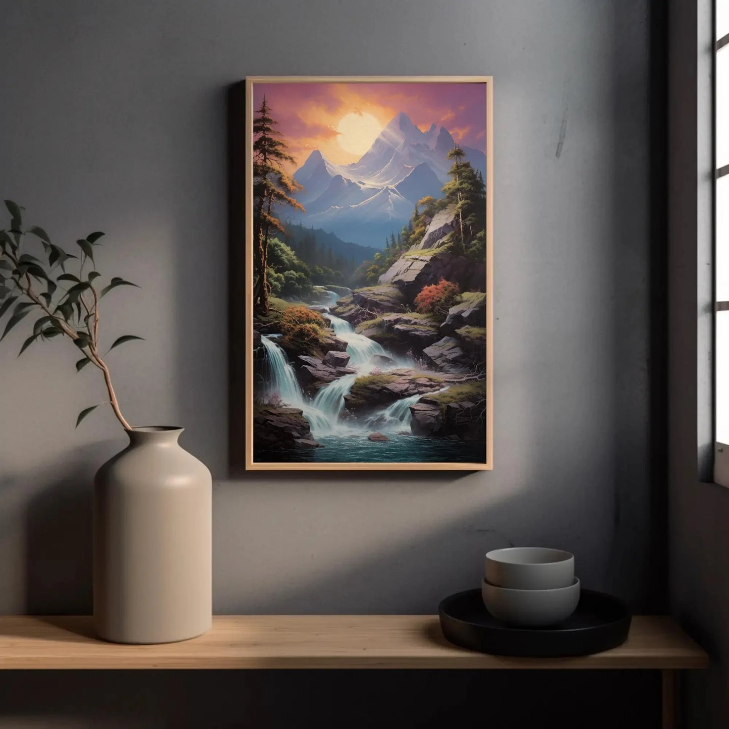 Mountain Sunset Waterfall Canvas Wall Art, Vertical Forest Landscape Print, Nature Decor for Living Room, Bedroom, Office Wall Art – Canvas Print