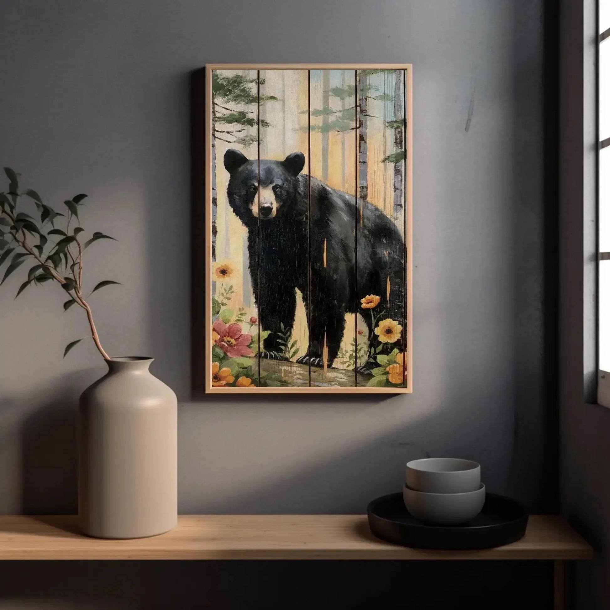 Black Bear in the Forest Canvas | Rustic Wood Effect | Bear Framed Wildlife Wall Art for Cabin, Living Room, Farmhouse, Ready to Hang Wall Art – Canvas Print