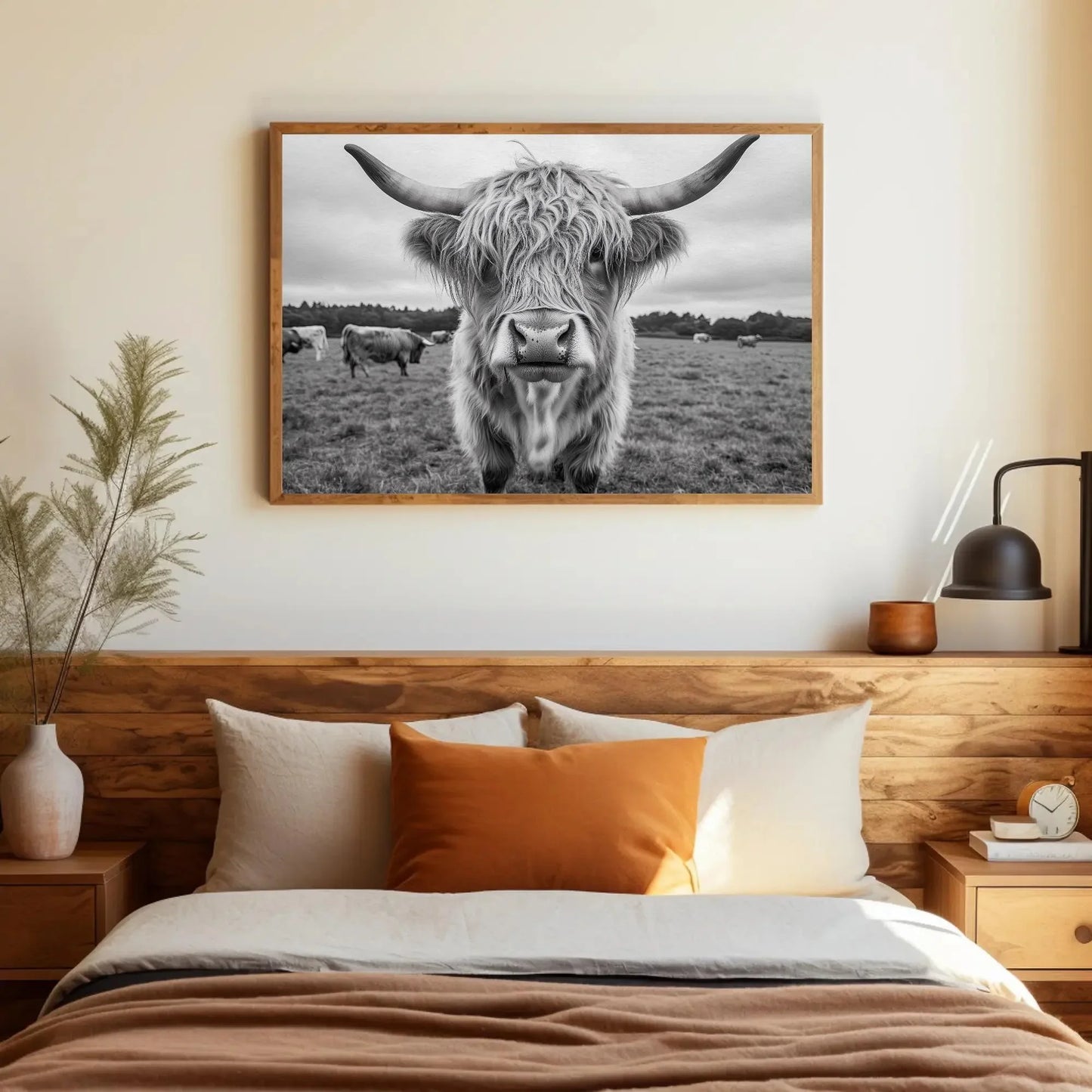 Highland cow canvas print, rustic farmhouse wall art, vintage highland cattle photography for living room or bedroom Wall Art – Canvas Print