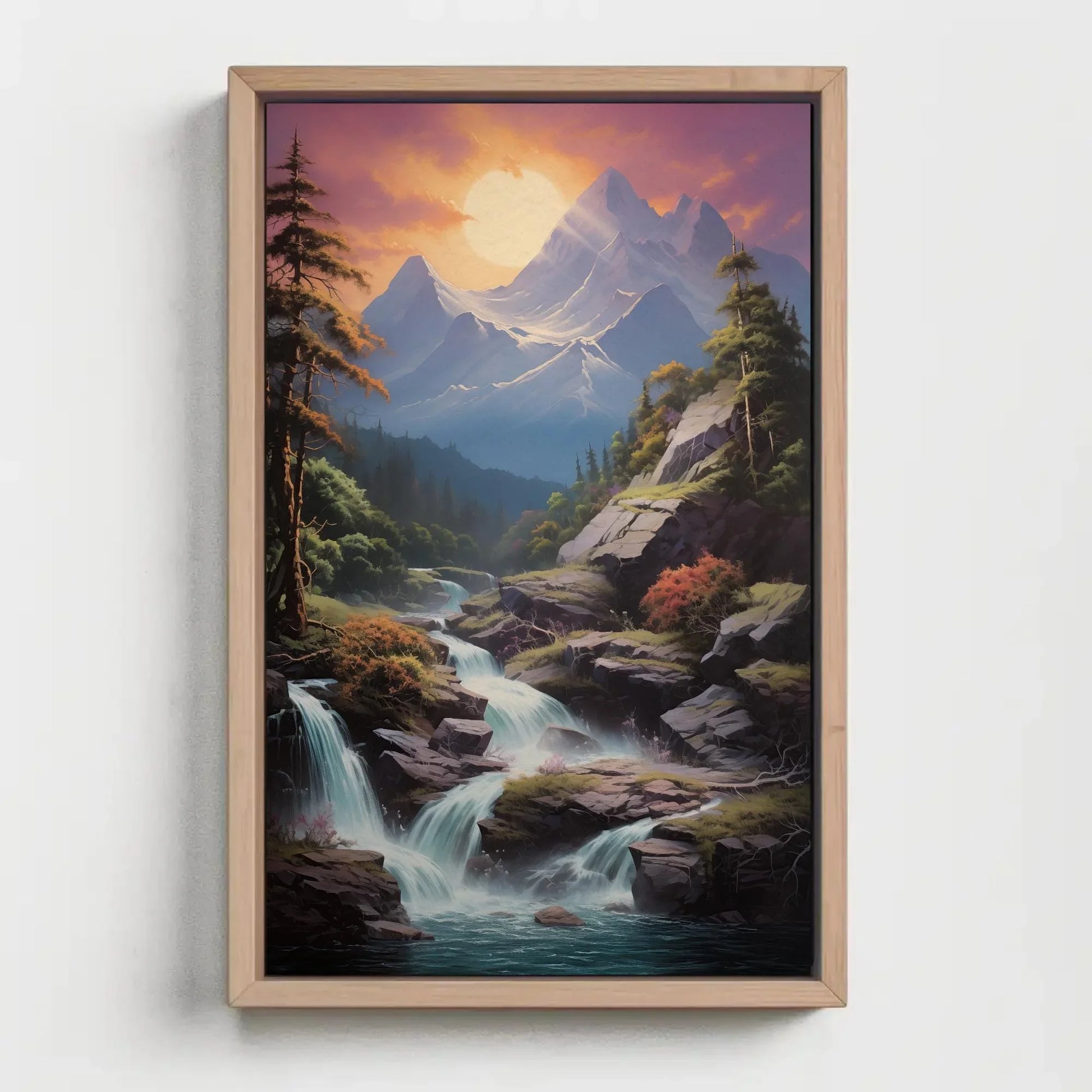 Mountain Sunset Waterfall Canvas Wall Art, Vertical Forest Landscape Print, Nature Decor for Living Room, Bedroom, Office Wall Art – Canvas Print