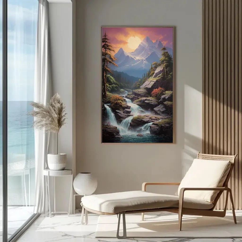 Mountain Sunset Waterfall Canvas Wall Art, Vertical Forest Landscape Print, Nature Decor for Living Room, Bedroom, Office Wall Art – Canvas Print