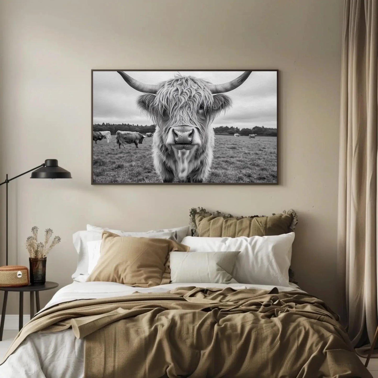 Highland cow canvas print, rustic farmhouse wall art, vintage highland cattle photography for living room or bedroom Wall Art – Canvas Print