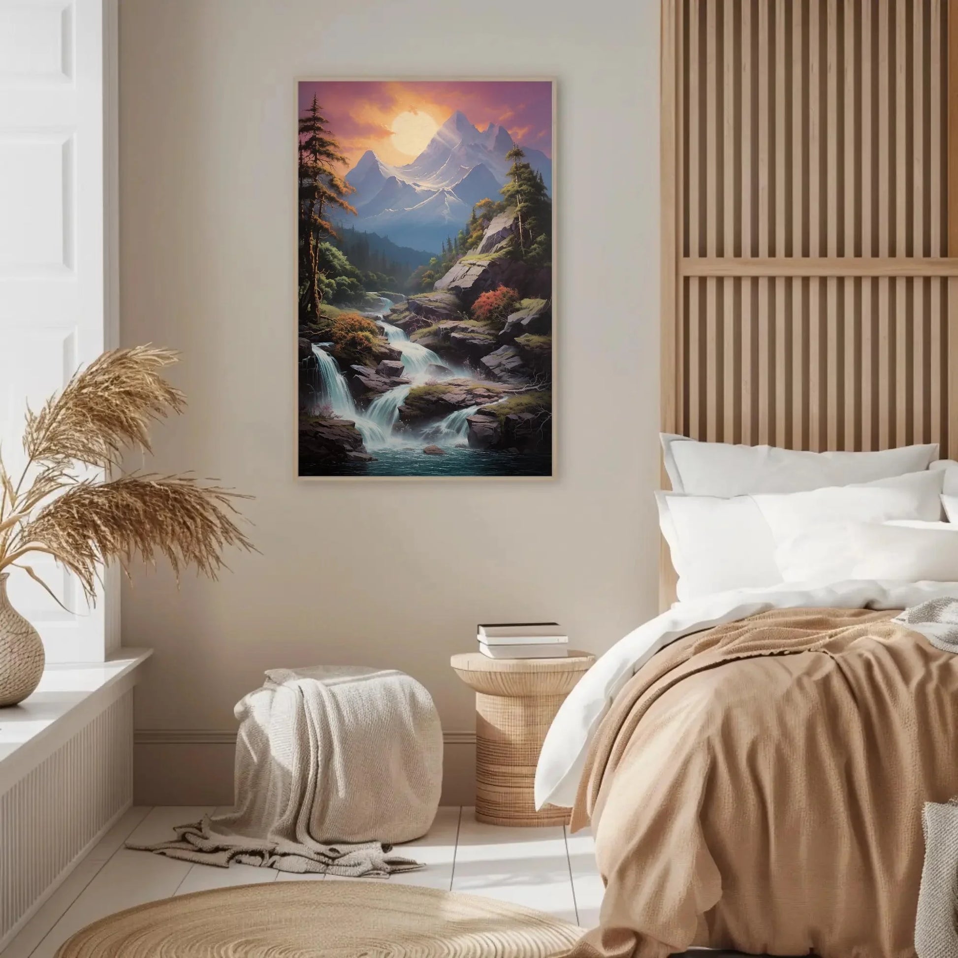 Mountain Sunset Waterfall Canvas Wall Art, Vertical Forest Landscape Print, Nature Decor for Living Room, Bedroom, Office Wall Art – Canvas Print
