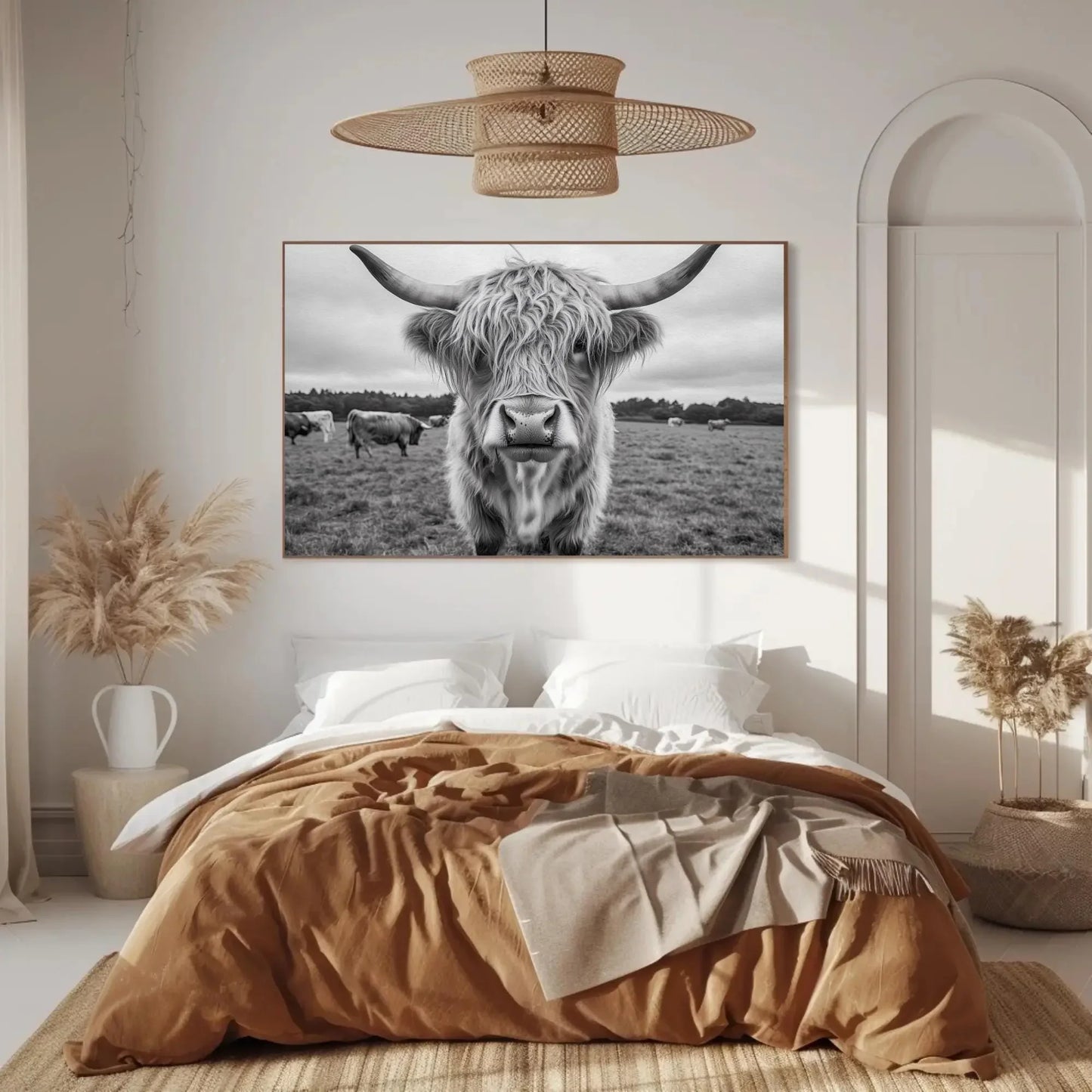 Highland cow canvas print, rustic farmhouse wall art, vintage highland cattle photography for living room or bedroom Wall Art – Canvas Print