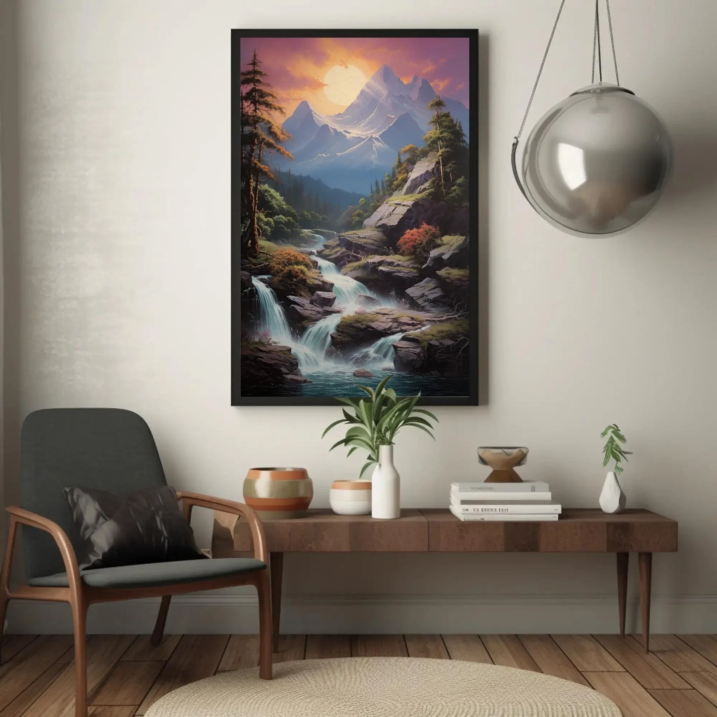 Mountain Sunset Waterfall Canvas Wall Art, Vertical Forest Landscape Print, Nature Decor for Living Room, Bedroom, Office Wall Art – Canvas Print